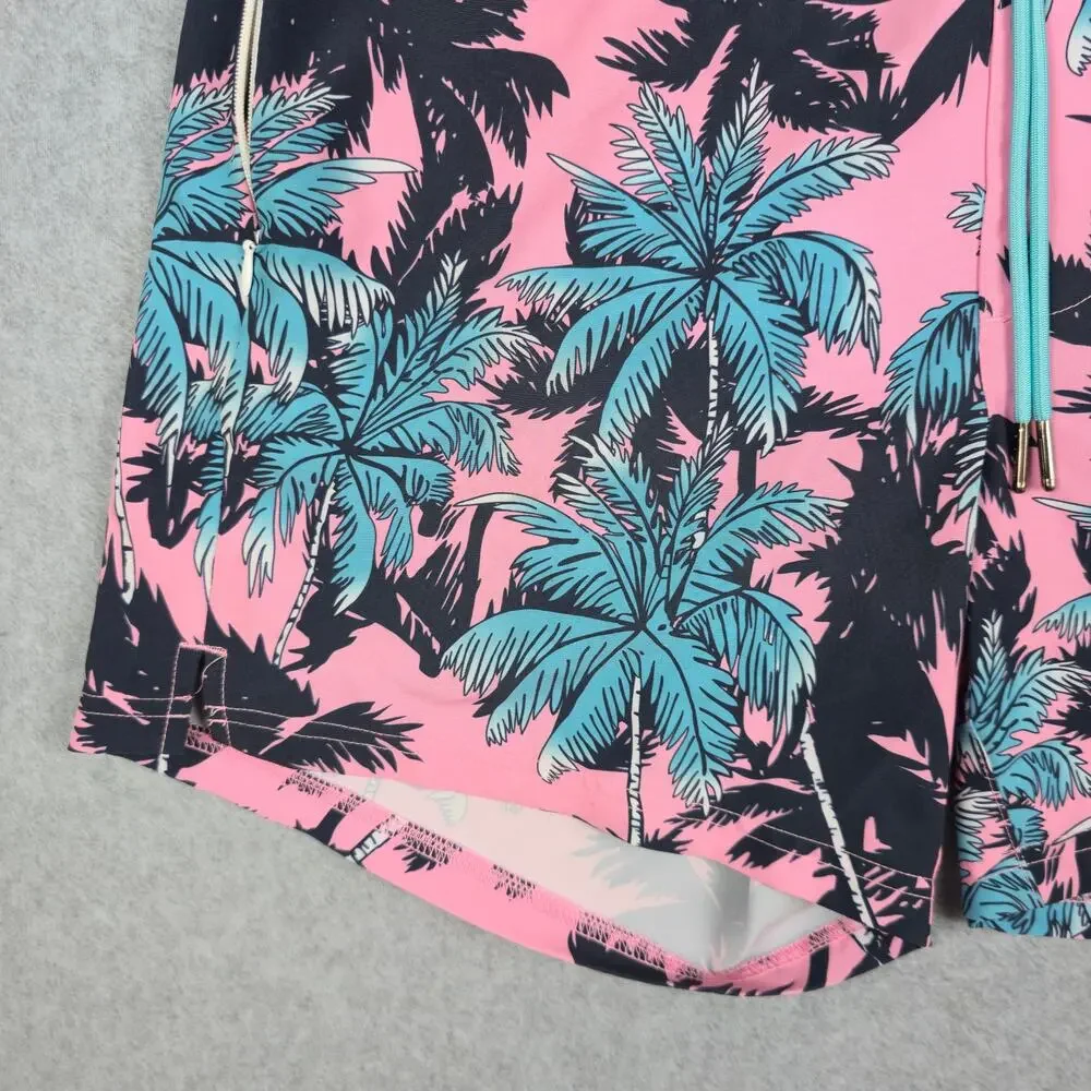 SURFCUZ Mens Medium Pink Swim Trunks Black Blue Palm Tree Pattern Drawstring